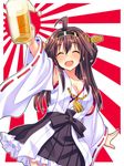  :d ^_^ ahoge alcohol beer blush breasts brown_hair cleavage closed_eyes detached_sleeves drunk hairband headgear highres japanese_clothes kantai_collection kongou_(kantai_collection) long_hair medium_breasts open_mouth ribbon-trimmed_sleeves ribbon_trim rising_sun smile solo sunburst yuuki_keisuke 