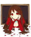  :o breasts brooch brown_hair cleavage he_ji_(ryou) head_rest ib jewelry lady_in_red_(ib) long_hair medium_breasts petals picture_frame red_eyes 