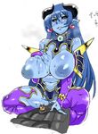  astaroth_(shinrabanshou) black_sclera blue_hair blue_skin breasts demon_girl earrings heart heart_earrings horns huge_breasts inverted_nipples jewelry matsuri_(araiyuutoo) nipples penis pointy_ears shinrabanshou straddling thighhighs yellow_eyes 