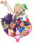  1girl 2boys apple axew black_hair blush dark_skin dent_(pokemon) flower food fruit green_hair iris_(pokemon) long_hair majin_(artist) majin_(marcia) multiple_boys pansage pokemon pokemon_(anime) pokemon_(game) pokemon_bw purple_hair ribbon satoshi_(pokemon) scraggy smile snivy 