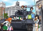  akiyama_yukari black_eyes black_hair brown_eyes brown_hair city food girls_und_panzer headband headphones isuzu_hana jpeg_artifacts lim long_hair nishizumi_miho orange_hair reizei_mako seifuku short_hair skirt sleeping socks takebe_saori thighhighs weapon 