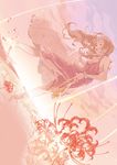  absurdres brown_hair dress flower highres holding holding_shoes original scrunchie shoes sideways skirt_hold sky spider_lily splashing sunset taisos tears wading water 