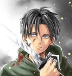  bad_id bad_pixiv_id black_hair blood blood_on_face blue_eyes cape grey_eyes levi_(shingeki_no_kyojin) male_focus natsupa shingeki_no_kyojin solo sword weapon 