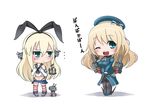  :&lt; atago_(kantai_collection) blonde_hair blue_eyes breast_envy chibi highres kantai_collection military military_uniform multiple_girls one_eye_closed pan-pa-ka-paaan! pantyhose pleated_skirt rensouhou-chan school_uniform serafuku shimakaze_(kantai_collection) skirt striped striped_legwear thighhighs translated uniform yaosera 