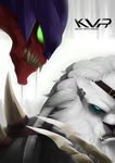  blue_eyes claw_(weapon) earrings exaxuxer eyepatch fangs glowing glowing_eyes green_eyes hairlocs highres jewelry kha'zix league_of_legends movie_poster no_humans parody rengar saliva spikes weapon white_hair 