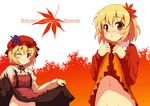  2girls aki_minoriko aki_shizuha blonde_hair blush brown_eyes dress fruit hat navel red_eyes short_hair skirt skirt_lift touhou wink yamasan 