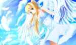  air blonde_hair blue_eyes clouds dress feathers ichiki_yuu kamio_misuzu sky wings 