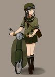  bag bangs black_eyes black_hair black_legwear blunt_bangs braid brown_background fuyube_gin_(huyube) goggles goggles_on_head ground_vehicle hair_over_shoulder helmet honda_super_cub kantai_collection kitakami_(kantai_collection) long_hair looking_at_another motor_vehicle school_uniform scooter serafuku shoulder_bag single_braid skirt socks solo vespa 