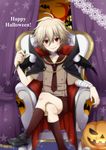  blush boxcutter cape child crossed_legs grey_hair halloween happy_halloween jack-o'-lantern kneehighs male_focus nagisa_kaworu neon_genesis_evangelion red_eyes red_legwear shorts sitting smile usagigenki wings younger 