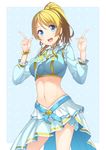  :d ayase_eli blonde_hair blue_eyes blush breasts large_breasts long_hair love_live! love_live!_school_idol_project midriff music_s.t.a.r.t!! navel open_mouth ponytail siva_(executor) skirt smile solo stomach 