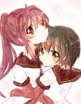  black_hair funami_yui hug i_me_34 multiple_girls nanamori_school_uniform ponytail purple_hair school_uniform serafuku sugiura_ayano yuru_yuri 