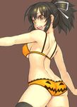  ass asuka_(senran_kagura) back-print_panties black_hair black_legwear bra breasts brown_background brown_eyes hair_ribbon jack-o'-lantern jpeg_artifacts large_breasts open_mouth orange_bra orange_panties panties ponytail print_panties ribbon senran_kagura senran_kagura_shinovi_versus senran_kagura_shoujo-tachi_no_shin'ei short_hair simple_background smile solo thighhighs underwear underwear_only yuuji_(and) 