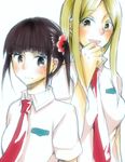  black_hair blonde_hair blush brown_eyes long_hair mazy_maker minami_shizuku multiple_girls necktie noda_kotone sakura_trick school_uniform twintails 