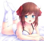  arm_support bad_id bad_pixiv_id blush bra breasts brown_hair cleavage green_eyes hair_ribbon hirokawa_takemi komimiyako long_hair lying medium_breasts on_stomach open_mouth panties power_pro_kun_pocket power_pro_kun_pocket_9 ribbon shiny shiny_skin smile socks solo underwear underwear_only 