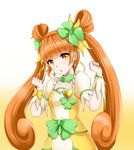  choker cure_rosetta dokidoki!_precure double_bun dress earrings gradient gradient_background green_choker hair_ornament hair_ribbon heart jewelry long_hair long_hand looking_at_viewer magical_girl orange_background orange_eyes orange_hair precure puffy_sleeves ribbon solo trex97 twintails white_background wrist_cuffs yotsuba_alice 