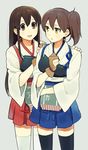  :d akagi_(kantai_collection) black_legwear brown_hair gloves hand_on_shoulder hands_on_shoulders japanese_clothes kaga_(kantai_collection) kantai_collection long_hair looking_at_another multiple_girls muneate open_mouth partly_fingerless_gloves pleated_skirt shinonome side_ponytail skirt smile tasuki thighhighs white_background white_legwear yugake zettai_ryouiki 