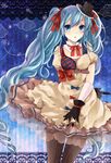  belt blue_eyes blue_hair bow bowtie detached_sleeves dress ennui_heiwa_miku gloves hair_ribbon hat hatsune_miku highres long_hair pantyhose puracotte ribbon solo twintails vocaloid 