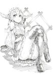  alternate_costume bare_shoulders black_legwear crossed_legs cuffs dress greyscale highres horns ibuki_suika long_hair maid_headdress monochrome oshake panties pantyshot pantyshot_(sitting) shackles sitting solo thighhighs touhou underwear 