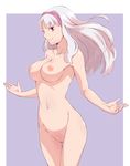  blush breasts cleavage collarbone cowboy_shot egooo groin hairband highres idolmaster idolmaster_(classic) large_breasts long_hair navel nipples no_pussy nude outstretched_arms purple_background purple_eyes shijou_takane shiny shiny_skin smile solo spread_arms standing thigh_gap white_hair 