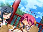  2girls antenna_hair black_hair blush chopsticks food game_cg kan&#039;u kan'u katagiri_hinata koihime_musou long_hair multiple_girls pink_hair ponytail ryofu short_hair tattoo 