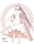  absurdres akabane_rin bare_shoulders blush collarbone dress full_body high_heels highres jewelry key long_hair looking_at_viewer no_legwear pendant pigeon-toed pixiv_library red_eyes simple_background smile solo standing toes very_long_hair white_background white_dress 