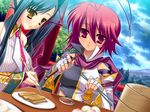  2girls antenna_hair black_hair blush chopsticks food game_cg kan&#039;u kan'u katagiri_hinata koihime_musou long_hair multiple_girls pink_eyes pink_hair ponytail ryofu short_hair tattoo yellow_eyes 