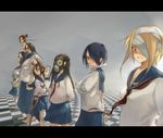  annotated bandage_over_one_eye bandages blonde_hair brown_hair commentary crutch eyepatch gas_mask letterboxed long_hair multiple_girls original pink_eyes red_hair school_uniform short_hair skirt yamaada 