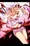  bad_id bad_pixiv_id blonde_hair bloomers blush breasts cleavage exploding_clothes fang flandre_scarlet full-face_blush hat highres letterboxed medium_breasts open_mouth red_eyes s-syogo side_ponytail solo tears torn_clothes touhou underwear wings 