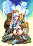  aqua_eyes armor black_panties boots castle fingerless_gloves gloves hair_ornament kneeling lance looking_at_viewer looking_back md5_mismatch nail_polish oni-noboru original panties polearm purple_hair thigh_boots thighhighs underwear weapon 