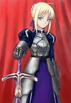  ahoge armor armored_dress artoria_pendragon_(all) blonde_hair caliburn dress fate/stay_night fate_(series) faulds gauntlets green_eyes hair_ribbon hand_on_hilt heika_(heikahp) planted_sword planted_weapon ribbon saber sheath sheathed solo sword weapon 