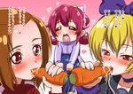  :d aida_mana blonde_hair blue_hair blush brown_hair carrot closed_eyes dokidoki!_precure eating heart heart_in_mouth hishikawa_rikka hug implied_futanari jacket katou_techu madoka_aguri multiple_girls open_mouth pink_hair precure red_eyes regina_(dokidoki!_precure) saliva sexually_suggestive smile track_jacket yuri 