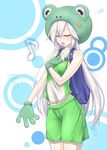  animal_costume backpack bad_id bad_pixiv_id bag blush closed_eyes frog_costume gloves highres long_hair midriff musical_note navel open_mouth personification phantasy_star phantasy_star_online_2 seark shorts solo very_long_hair 