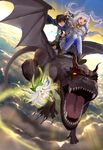  2girls blonde_hair blue_eyes blue_hair brown_hair cloud dragon dragon_riding hangyaku_no_yuusha_to_dougu-bukuro highres jewelry long_hair mary_(dougu-bukuro) matsui_hiroaki multiple_girls multiple_riders necklace pointing riding smile sugai_shin'ichi sun sweatdrop sylph_(dougu-bukuro) teeth twintails undine_(dougu-bukuro) wings wristband 