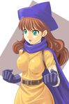  1girl alena alena_(dq4) aqua_eyes belt brown_hair cape chunsoft clenched_hands curly_hair dragon_quest dragon_quest_iv enix hat long_hair onda_takeshi open_mouth solo 