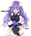  bangs bare_shoulders blush boots breasts fingerless_gloves glasses gloves gluko headset jeren large_breasts open_mouth purple_eyes purple_hair rokumon_tengai_mon_colle_knight sitting smile solo thigh_boots thighhighs 