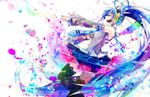  blue_hair closed_eyes detached_sleeves hatsune_miku long_hair nail_polish necktie open_mouth outstretched_arms see-through shirayuki_towa skirt solo thighhighs very_long_hair vocaloid 