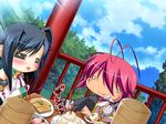  2girls antenna_hair black_hair blush chopsticks food game_cg kan&#039;u kan'u katagiri_hinata koihime_musou long_hair multiple_girls pink_hair ponytail ryofu short_hair tattoo 