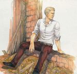  ai_(ai1470) arm_at_side arm_support ballpoint_pen_(medium) belt black_footwear blonde_hair brick_wall closed_mouth collared_shirt crack dress_shirt frown furrowed_eyebrows highres long_sleeves looking_away male_focus marker_(medium) pants red_pants reiner_braun ruins shingeki_no_kyojin shirt shoes sitting sleeves_rolled_up solo traditional_media white_shirt wood 