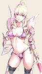  armor bertille_althusser bikini blonde_hair blush breasts contrapposto cowboy_shot drill_hair gauntlets helm helmet lace lace-trimmed_thighhighs large_breasts long_hair looking_at_viewer nanao_(mahaya) navel open_mouth parted_lips purple_bikini purple_eyes side-tie_bikini smile solo standing swimsuit sword thighhighs twin_drills twintails walkure_romanze weapon 