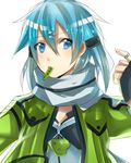  bad_id bad_pixiv_id blue_eyes blue_hair bullet fingerless_gloves getsuyoubi gloves mouth_hold short_hair sinon sword_art_online 