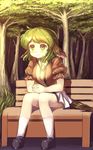  animal_ears bench blush breasts danbo_(rock_clime) green_eyes green_hair hands_clasped highres interlocked_fingers kasodani_kyouko medium_breasts own_hands_together short_hair sitting skirt solo tail touhou tree 