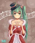  aqua_eyes artist_name bad_id bad_pixiv_id beamed_eighth_notes eighth_note green_hair hat hatsune_miku highres interlocked_fingers long_hair musical_note nail_polish quarter_note reki_(lichk) side_ponytail smile solo staff_(music) vocaloid 