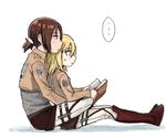  2girls black_hair blonde_hair blue_eyes blush brown_jacket christa_renz drawr emblem freckles from_side hair_ornament jacket leg_lock long_sleeves multiple_girls open_clothes open_jacket pants paradis_military_uniform ponytail profile shingeki_no_kyojin simple_background sitting sitting_on_lap sitting_on_person training_corps_(emblem) uniform white_background ymir_(shingeki_no_kyojin) yoplait yuri 