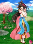  1girl black_hair brown_eyes brown_hair cardfight!!_vanguard cherry_blossoms cherry_tree clogs cloud field flower goddess_of_flower_divination_sakuya hair_ornament long_hair looking_at_viewer meadow open_mouth oracle_think_tank outdoors ribbon sky smile solo tree very_long_hair 