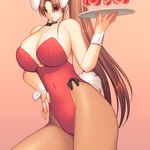  1girl animal_ears bare_shoulders breasts brown_hair bunny_ears bunny_girl bunny_tail bunnysuit curvy fatal_fury female huge_breasts king_of_fighters konekonewasabii long_hair long_ponytail ponytail red_eyes shiranui_mai simple_background snk solo standing tail waitress 