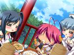  3girls antenna_hair black_hair blush chopsticks food game_cg kan&#039;u kan'u katagiri_hinata koihime_musou long_hair multiple_girls pink_hair ponytail ryofu short_hair tattoo 