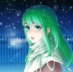  alternate_costume contemporary ebiblue fence green_eyes green_hair headwear_removed heavy_breathing kochiya_sanae lipstick long_hair looking_at_viewer makeup open_mouth red_lipstick snowflakes snowing solo touhou upper_body 