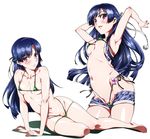  absurdres arm_support armpits arms_up bangs bare_shoulders barefoot bikini black_hair blunt_bangs blush breasts denim denim_shorts frown green_bikini half_updo highres kakumeiki_valvrave long_hair medium_breasts micro_bikini multiple_views navel niko_(tama) open_mouth projected_inset purple_eyes pussy ribbon rukino_saki shorts side-tie_bikini sitting smile swimsuit underboob 