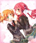  blazer blonde_hair blush cherry_blossoms flower hair_flower hair_ornament hair_ribbon holding_hands i_me_34 interlocked_fingers jacket multiple_girls necktie open_mouth petals pink_hair ribbon sakura_trick school_uniform sonoda_yuu takayama_haruka yuri 