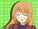  :d bangs blonde_hair blush drop_shadow eyes_closed fanart green_background kashiwagi_kotone long_hair nisedaiti open_mouth pixiv plaid plaid_background smile tonari_no_kashiwagi-san turtleneck 